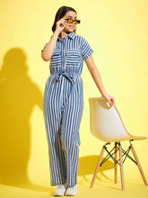 Girls Blue & White Cotton Striped Jumpsuit